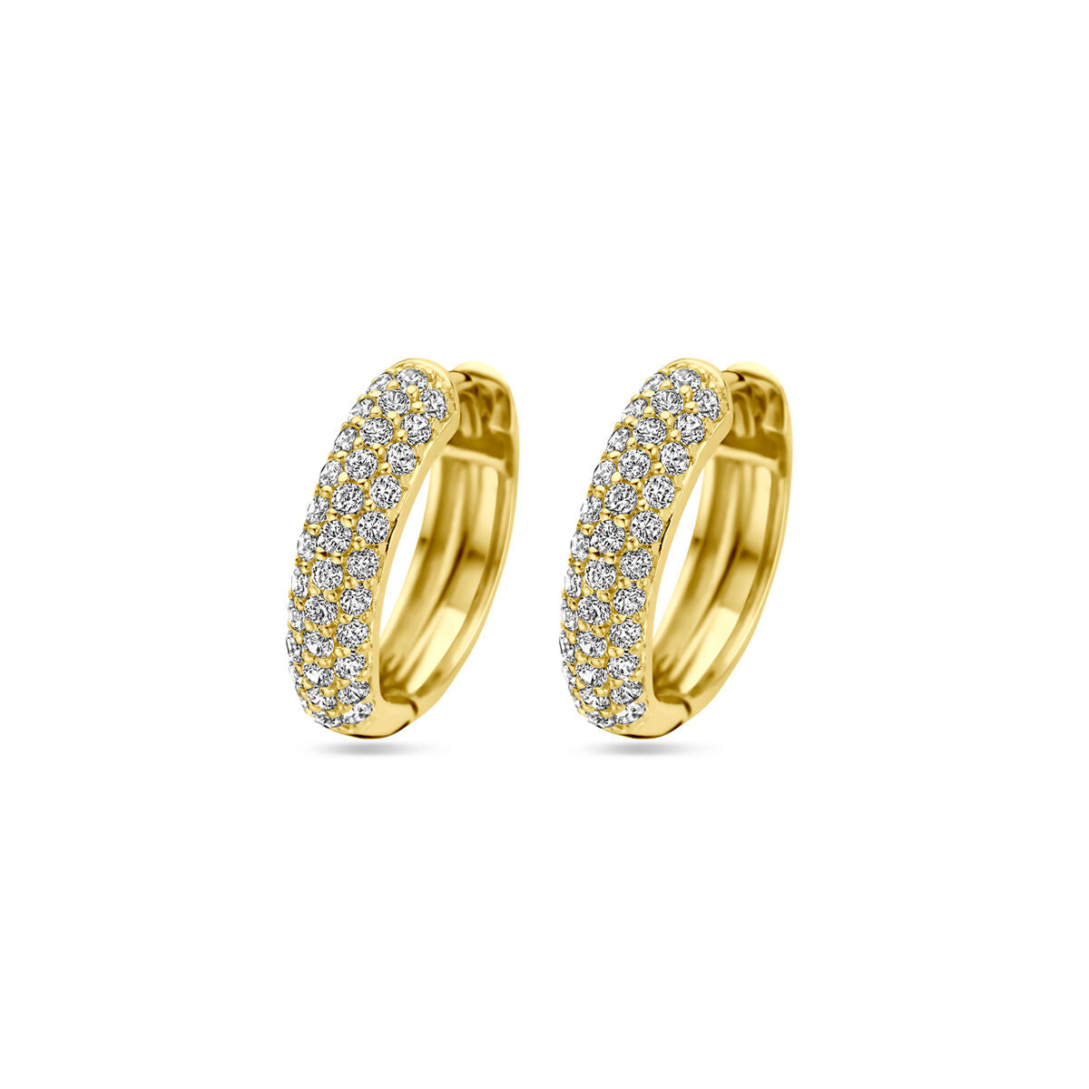 Aros de oro amarillo con circonitas, de 15,5 mm de diámetro y acabado brillante.