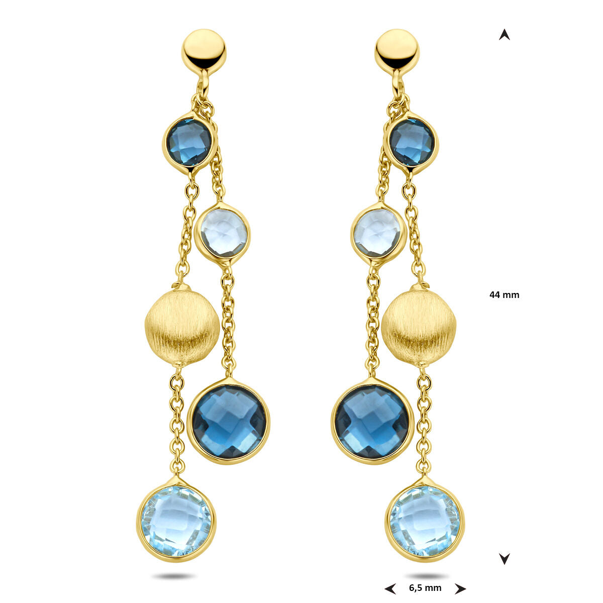 pendientes círculos, topacio azul cielo y topacio azul londres 44 mm 14K oro amarillo