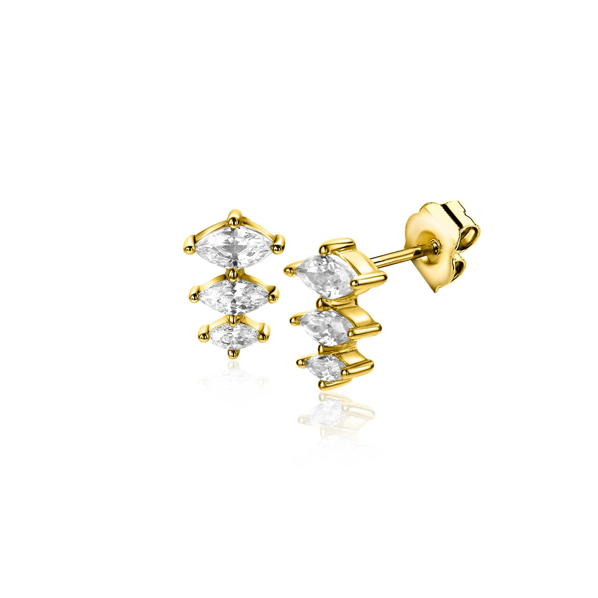 Pendientes de oro con tres piedras brillantes en forma de pera.
