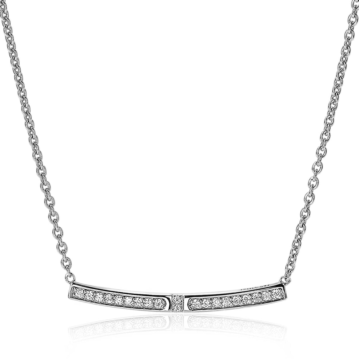 Collar de plata con detalle en forma de barra y piedras brillantes.