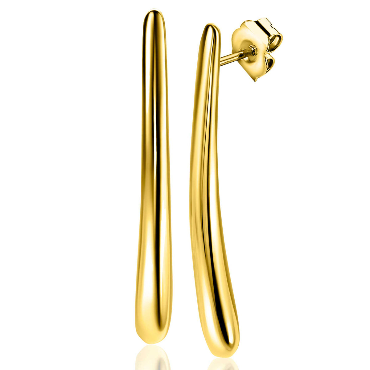 Pendientes largos de plata bañado en oro con un diseño estilizado y brillante.