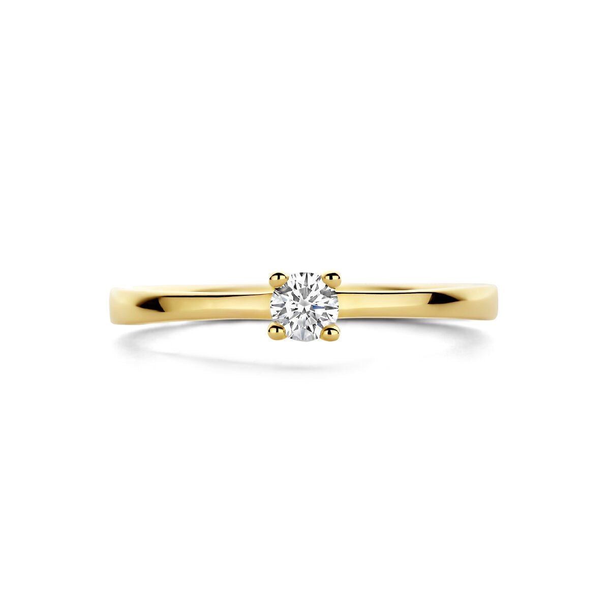 Van der Kooij Collectie ring diamant 0.15ct H SI in 14K geelgoud, solitaire ronde diamant in een vierpoots zetting tegen een witte achtergrond.
