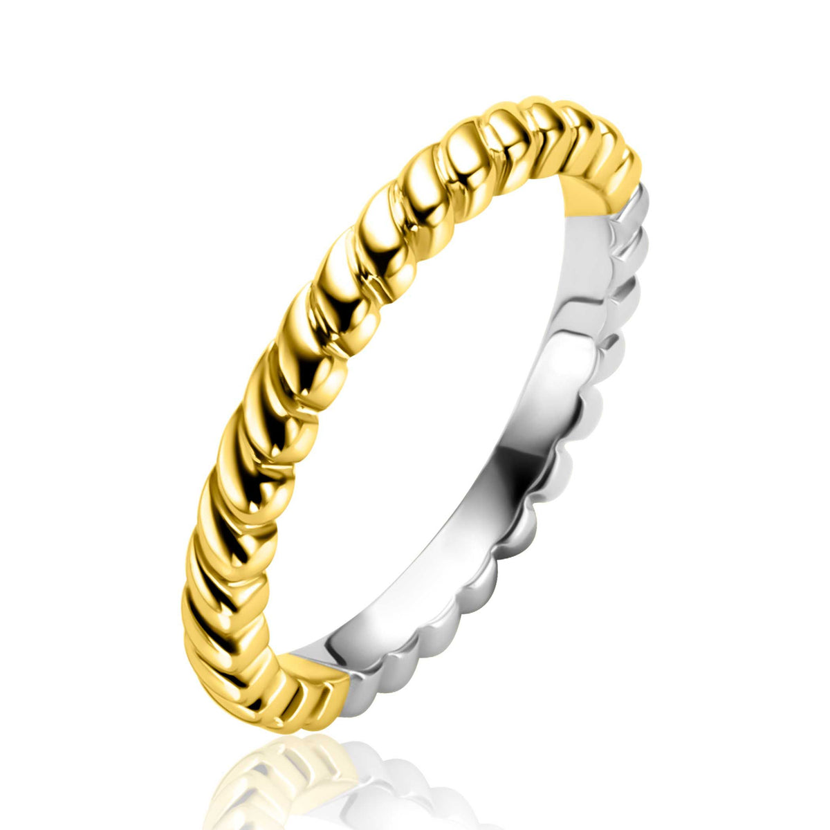 Anillo de plata con detalles en oro, diseño trenzado y acabado brillante.