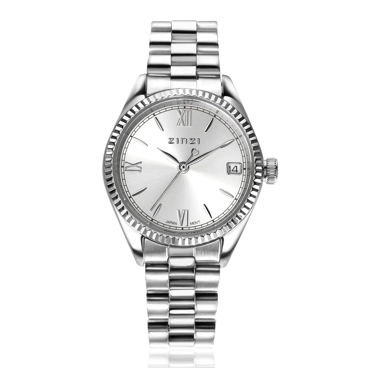 Zilverkleurig horloge van staal met een ronde wijzerplaat, Romeinse cijfers en een datumaanduiding.