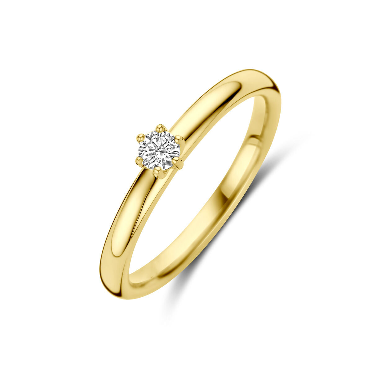 Anillo de compromiso en oro amarillo de 14K con diamante de 0.10 ct, diseño sencillo y brillante.