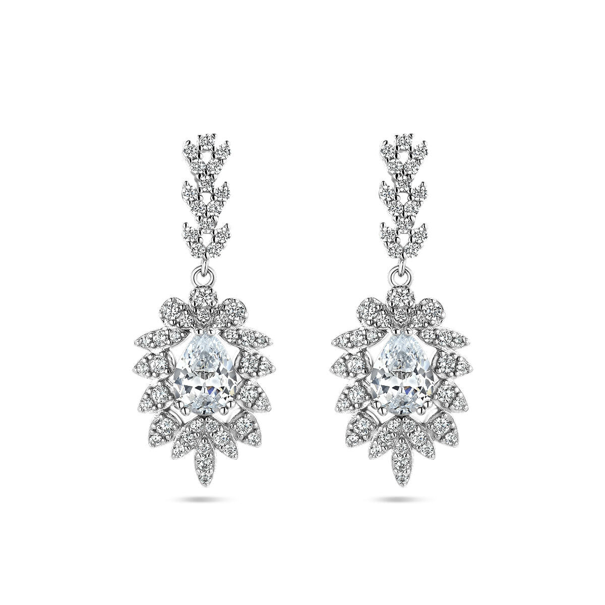 Pendientes largos de zirconia en plata rodiada con diseño floral y piedras brillantes.