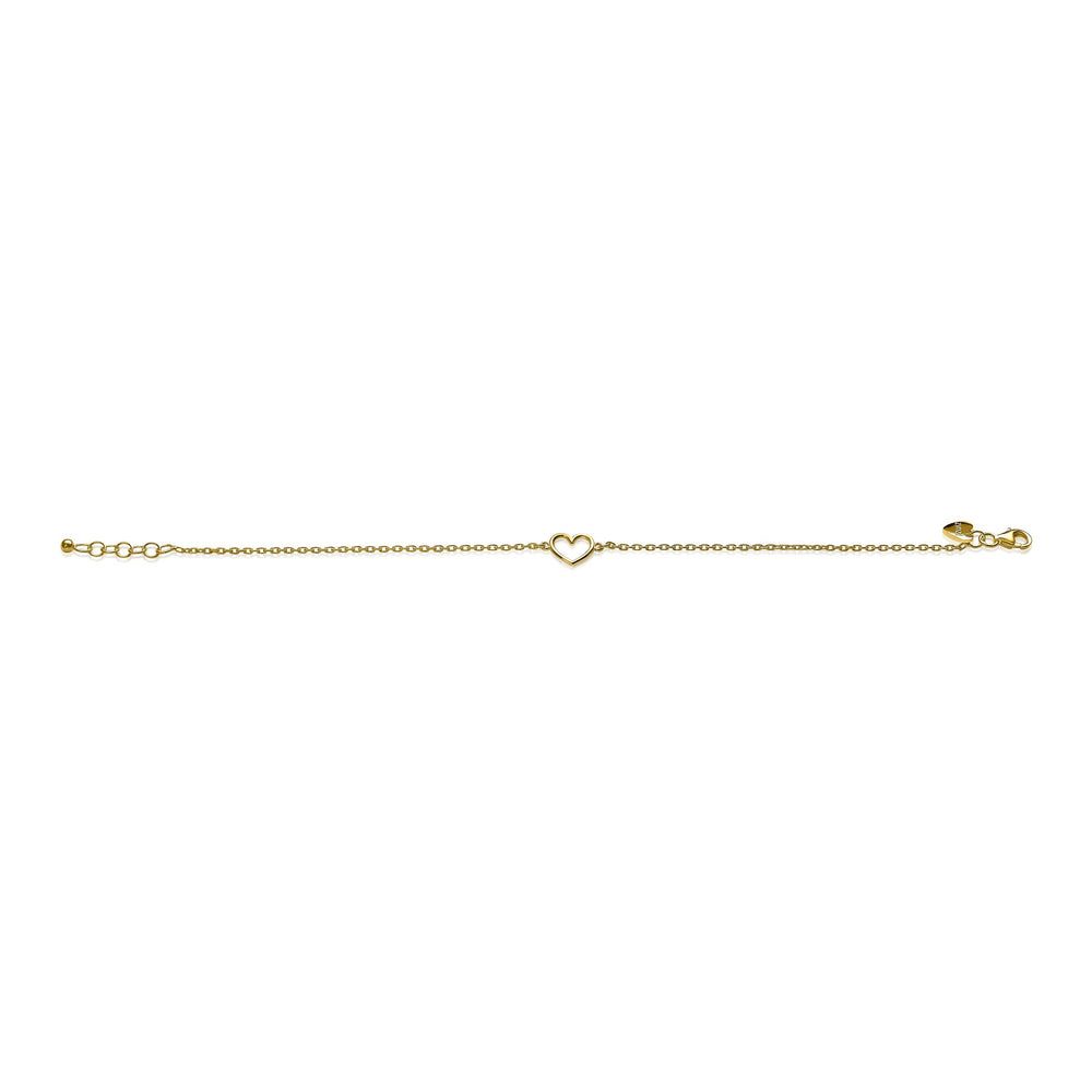De Zinzi Armband Gold Plated Zia1420 G heeft een delicaat hartvormig bedeltje met geel vergulde accenten, rustend op een effen witte achtergrond.