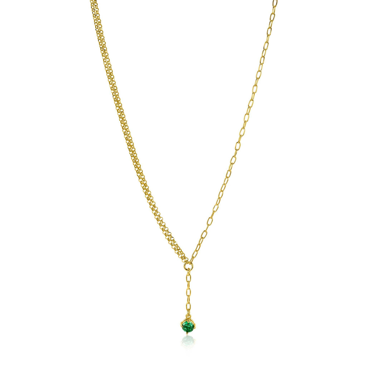 Cadena dorada con un colgante verde en forma de esfera.
