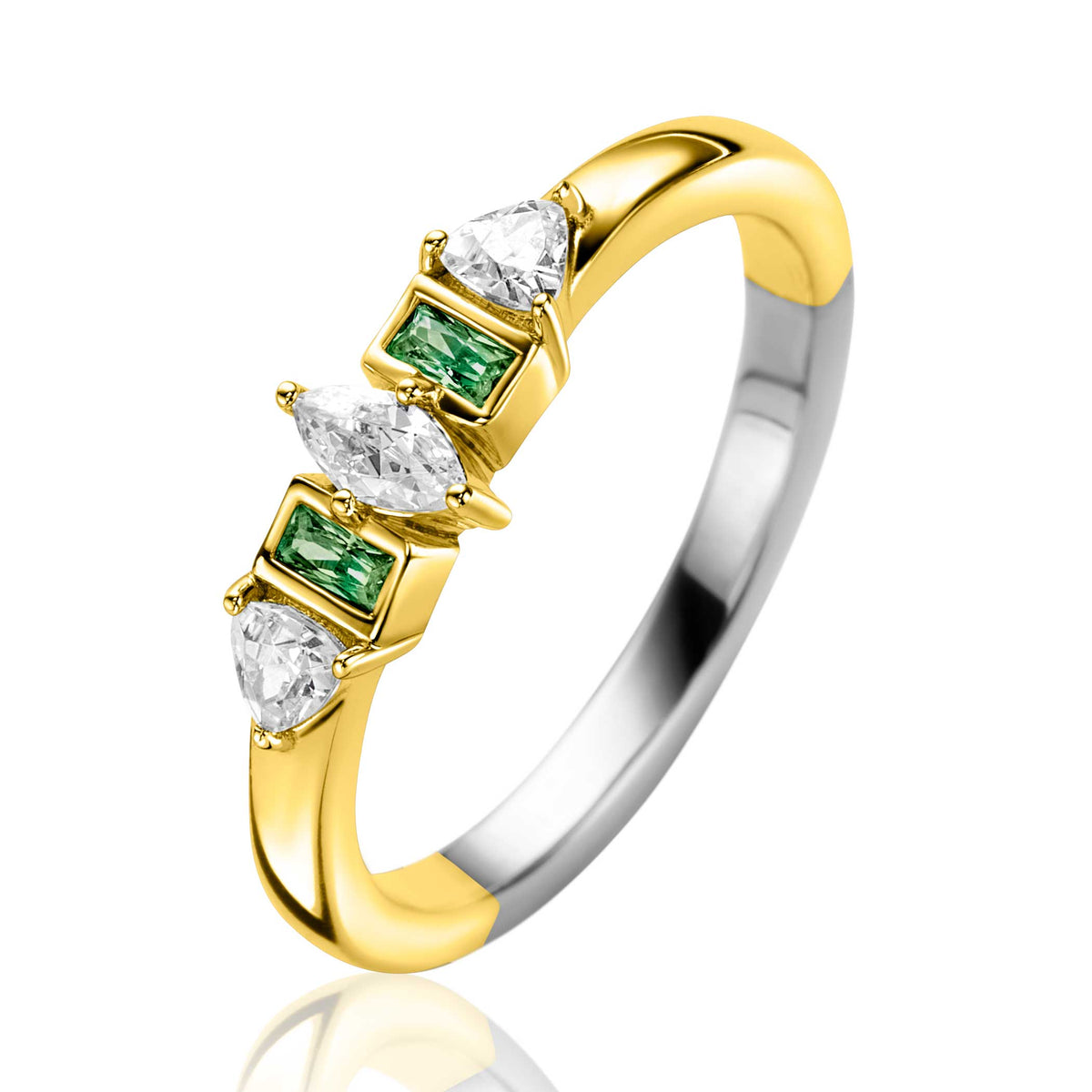 Anillo de plata con detalles en oro, adornado con piedras verdes y brillantes en forma de pera.
