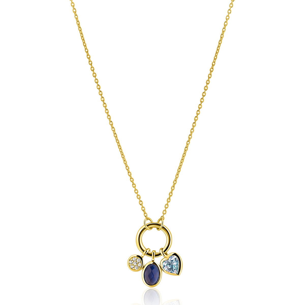 Collar dorado con colgante circular y tres charms en tonos azul y morado.