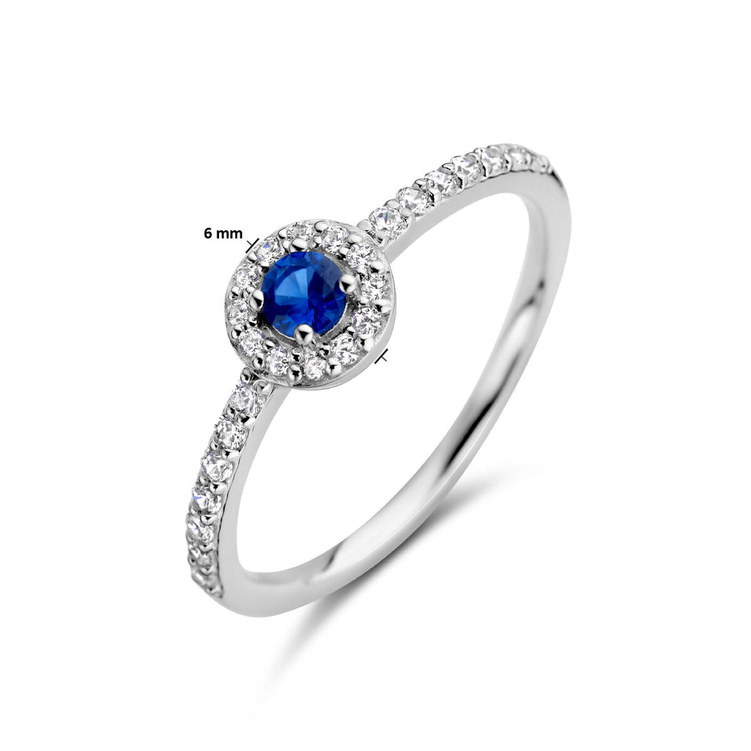 ring synth. saffier en zirkonia halo zilver gerhodineerd