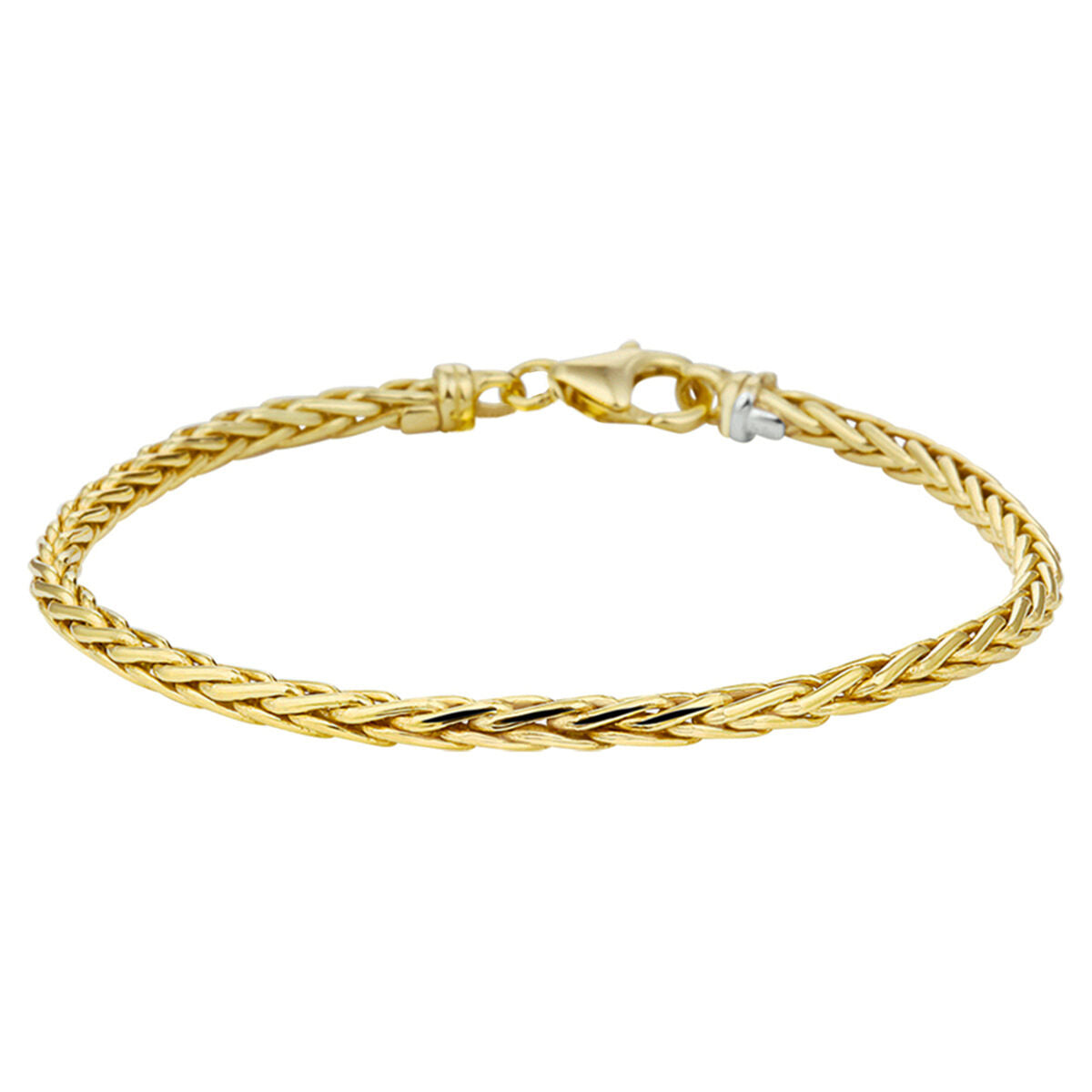 Pulsera dorada con núcleo plateado, diseño de eslabones trenzados en oro de 14k.