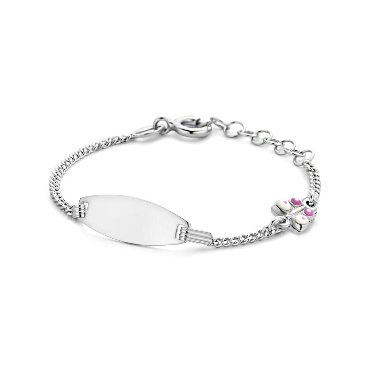Pulsera de plata rodiada con placa para grabar y detalle de mariposa.