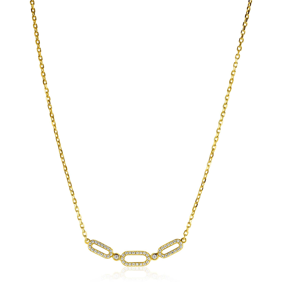 Collar dorado con eslabones y detalles brillantes en el centro.