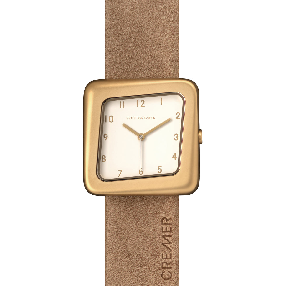 Reloj cuadrado dorado con esfera blanca y correa de cuero marrón claro.