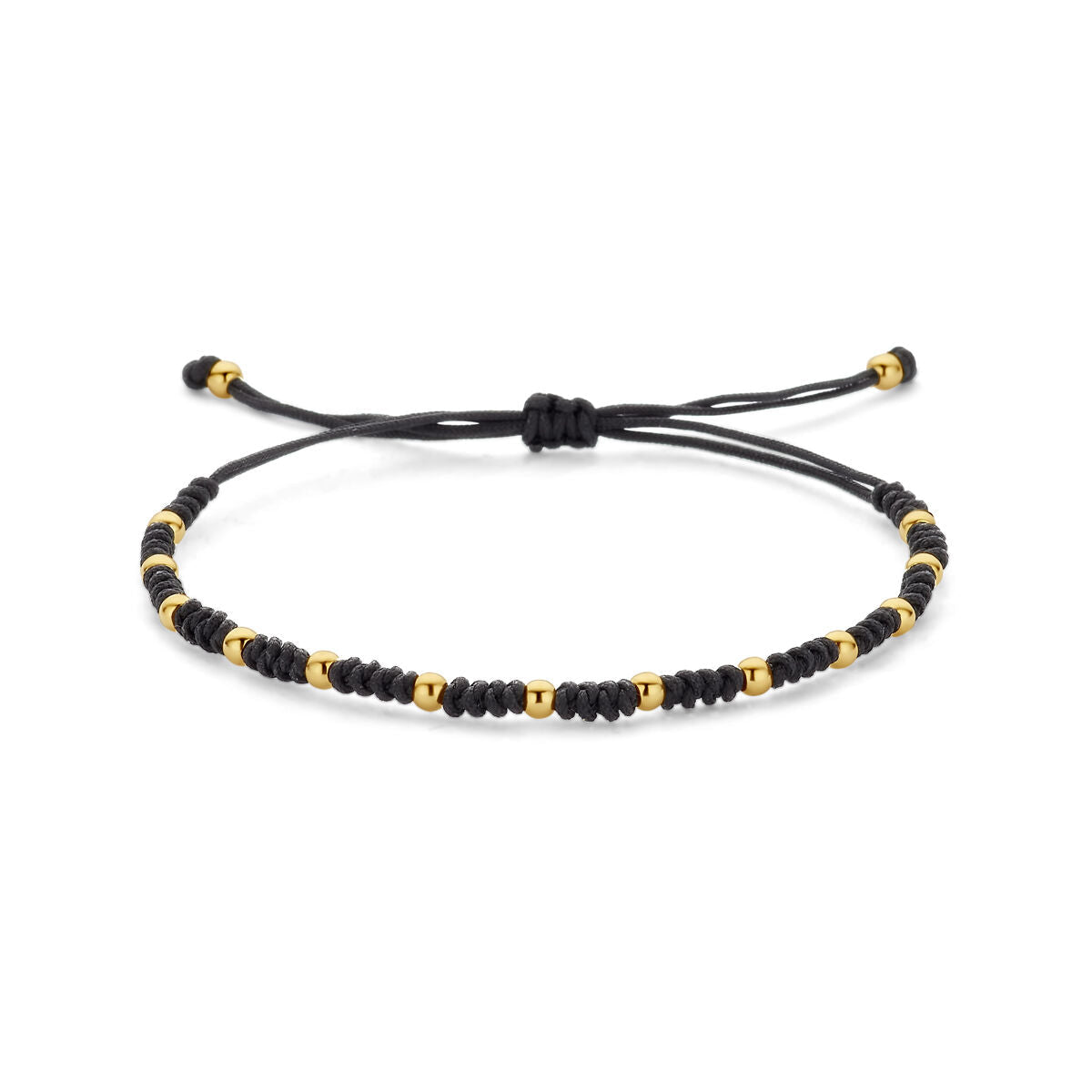 Pulsera de bolitas de 14K dorado con detalles de goma y nylon, ajustable de 13 a 26 cm.