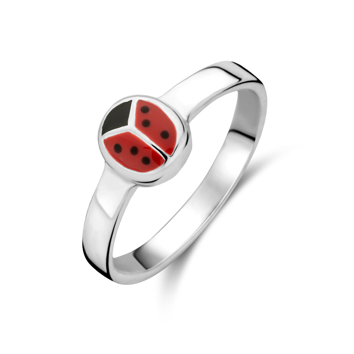 Anillo de plata con diseño de mariquita en rojo y negro.