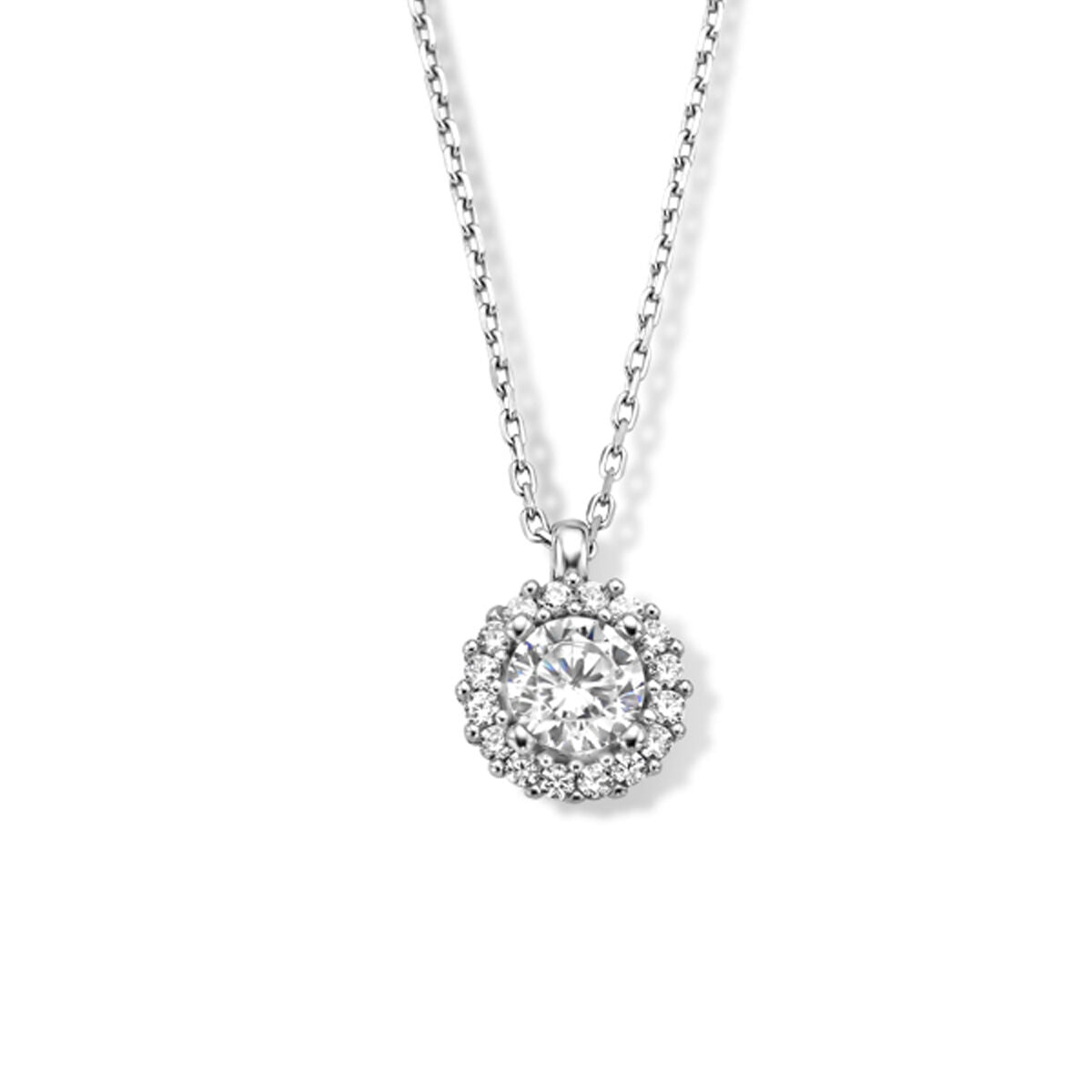 Collar de plata rodiada con colgante de circonitas en forma de halo.