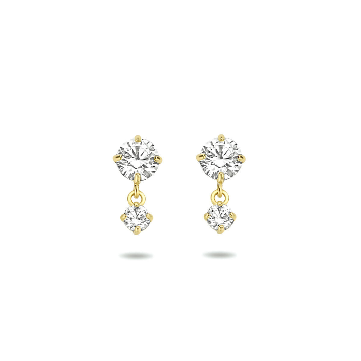 Pendientes largos de zirconia en oro amarillo de 14K con dos piedras brillantes.