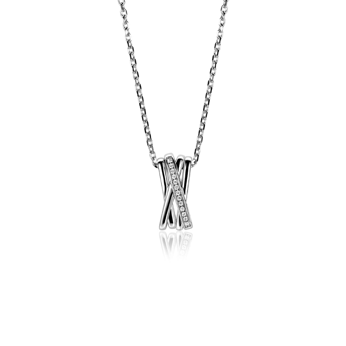 Collar de plata con colgante en forma de X adornado con piedras brillantes.
