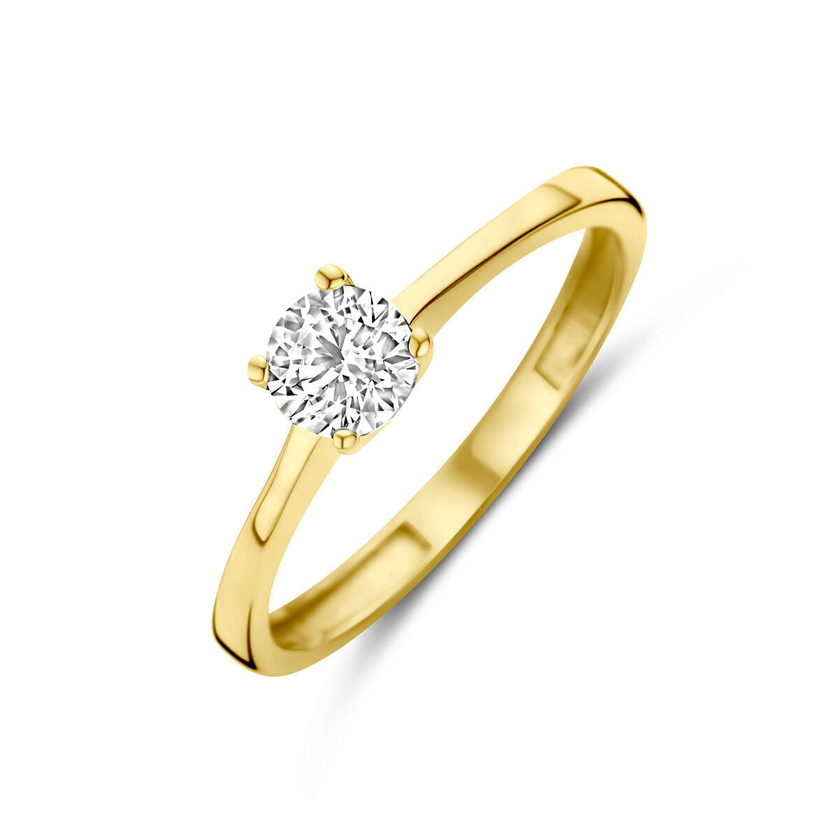 Anillo de oro amarillo de 14 quilates con circonita brillante en el centro.