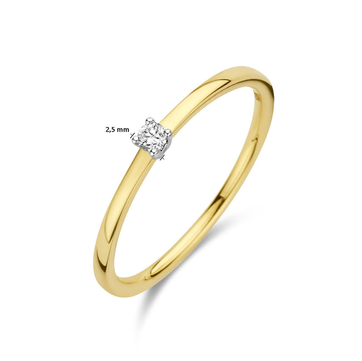 De Van der Kooij Collectie aanzoeksring diamant 0.05ct H SI in 14K bicolor geel/wit goud heeft een eenvoudige rondgeslepen solitaire op een witte achtergrond, perfect als elegante damesring.