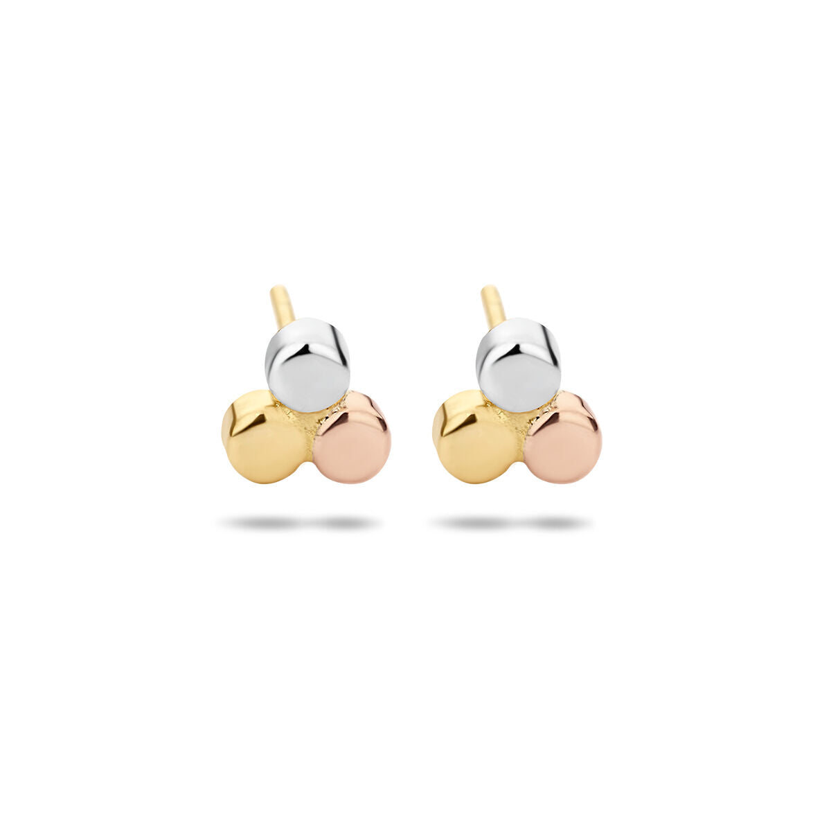 Pendientes de aro tricolor en oro de 14 quilates, con tres esferas en oro amarillo, rosa y blanco.
