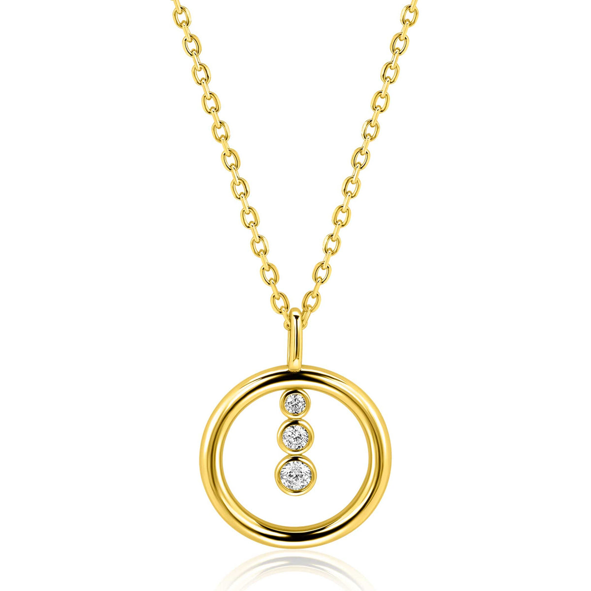Collar dorado de plata de 45 cm con colgante redondo de 18 mm y tres piedras brillantes.
