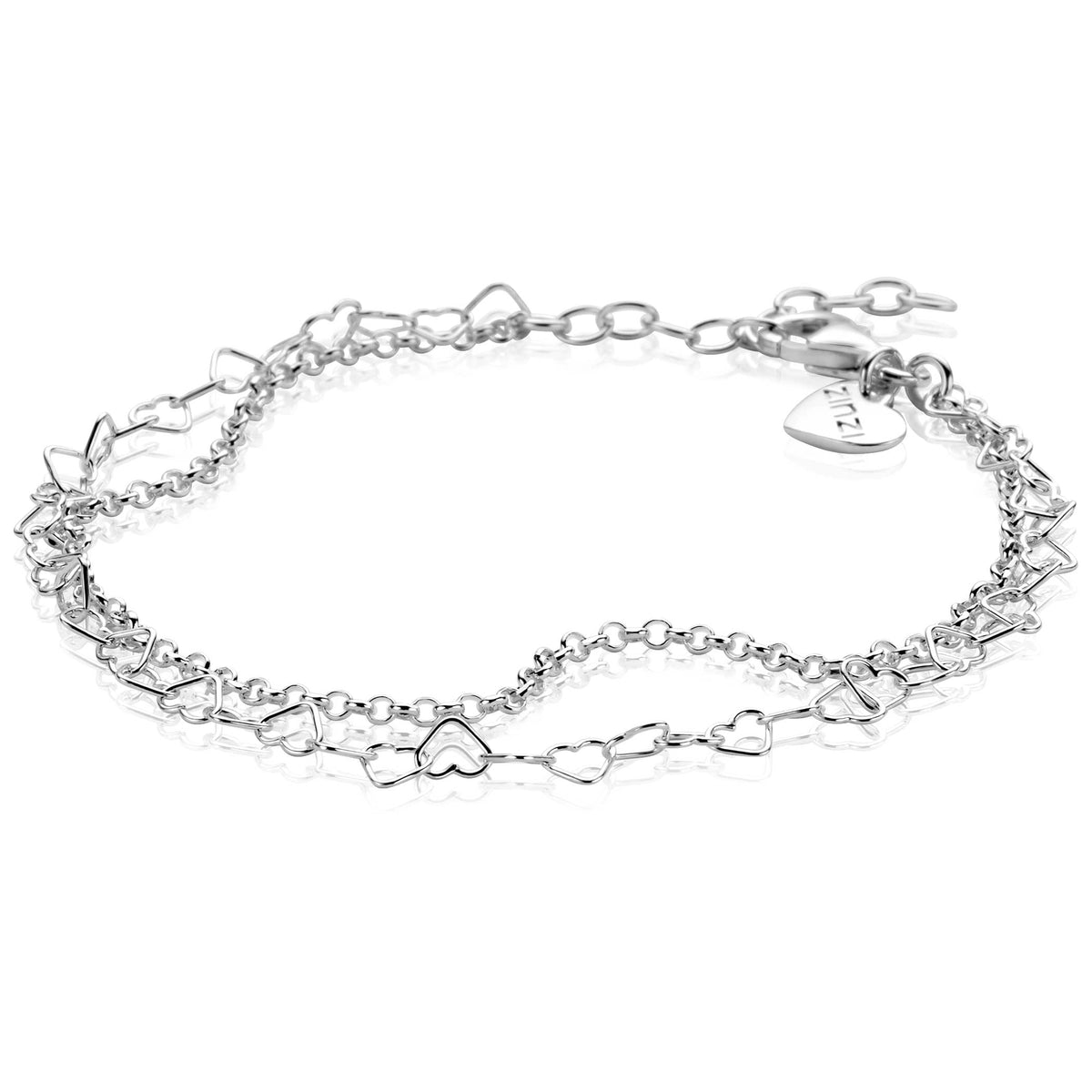 Pulsera plateada doble con eslabones de corazones abiertos.