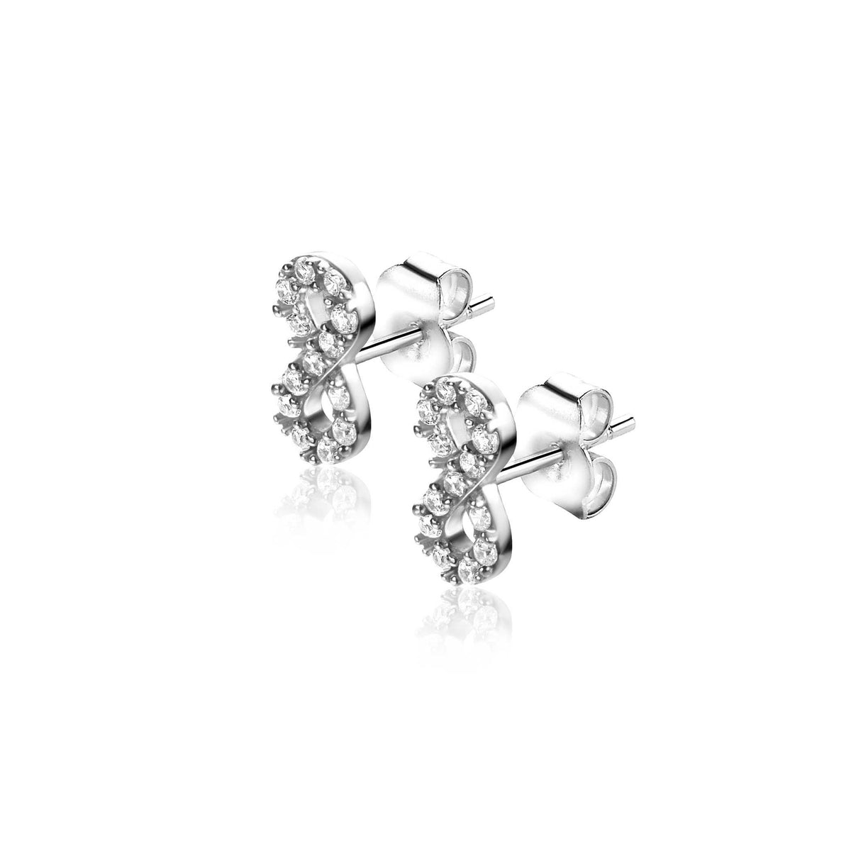 Pendientes de plata con diseño de lazo y piedras brillantes.
