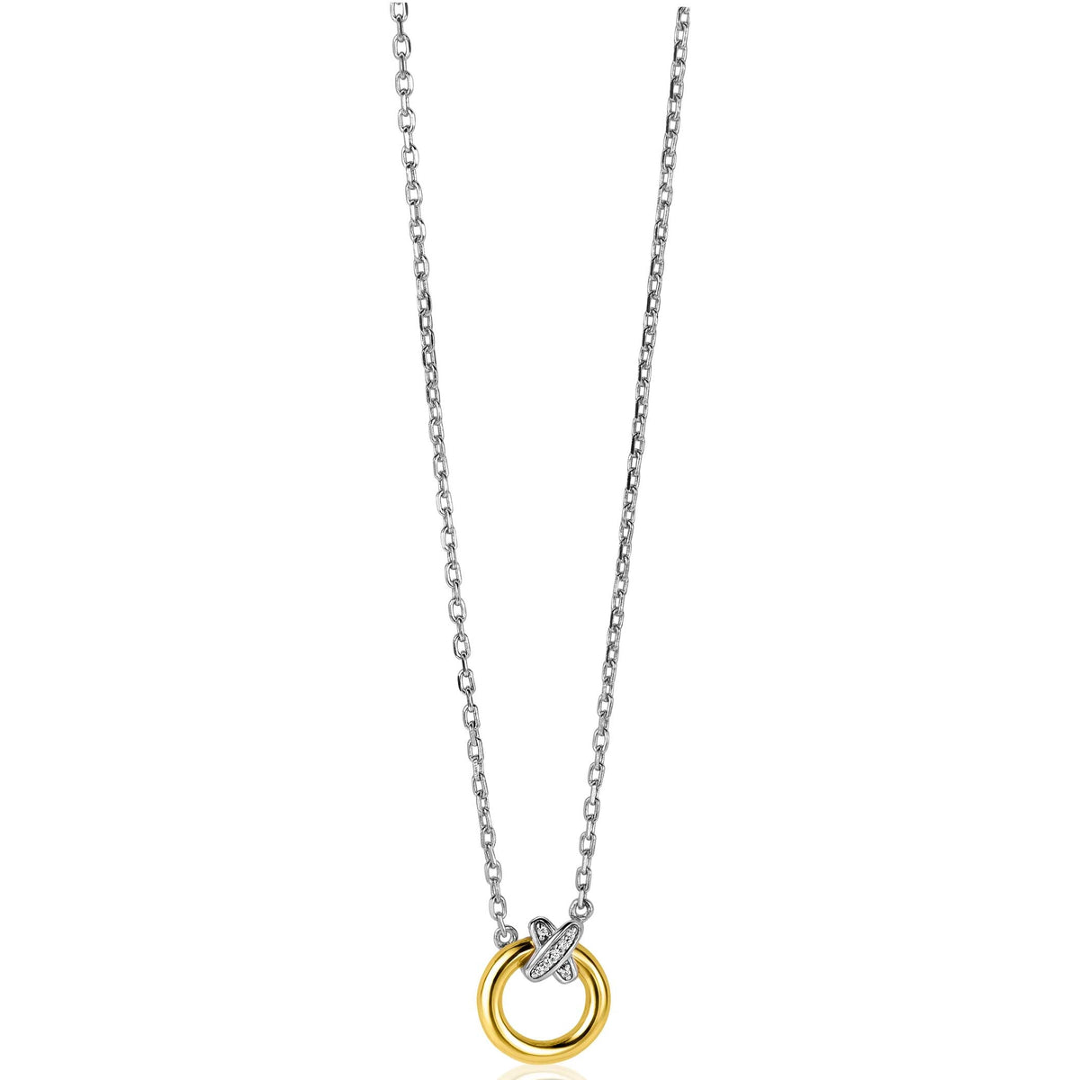 Collar de cadena fina con un colgante de anillo dorado y otro plateado.