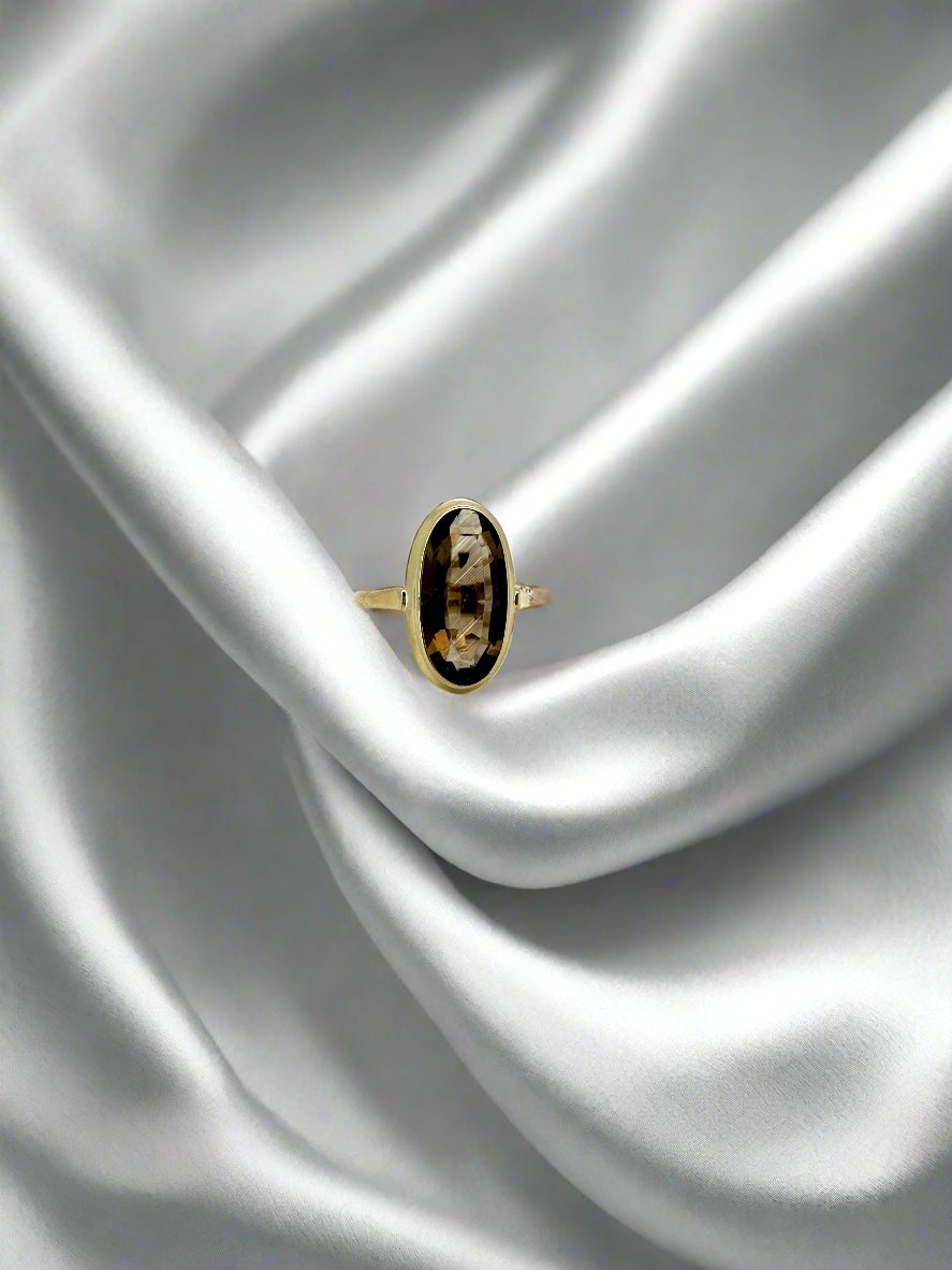 anillo vintage de oro cuarzo ahumado 14k 4.2gr