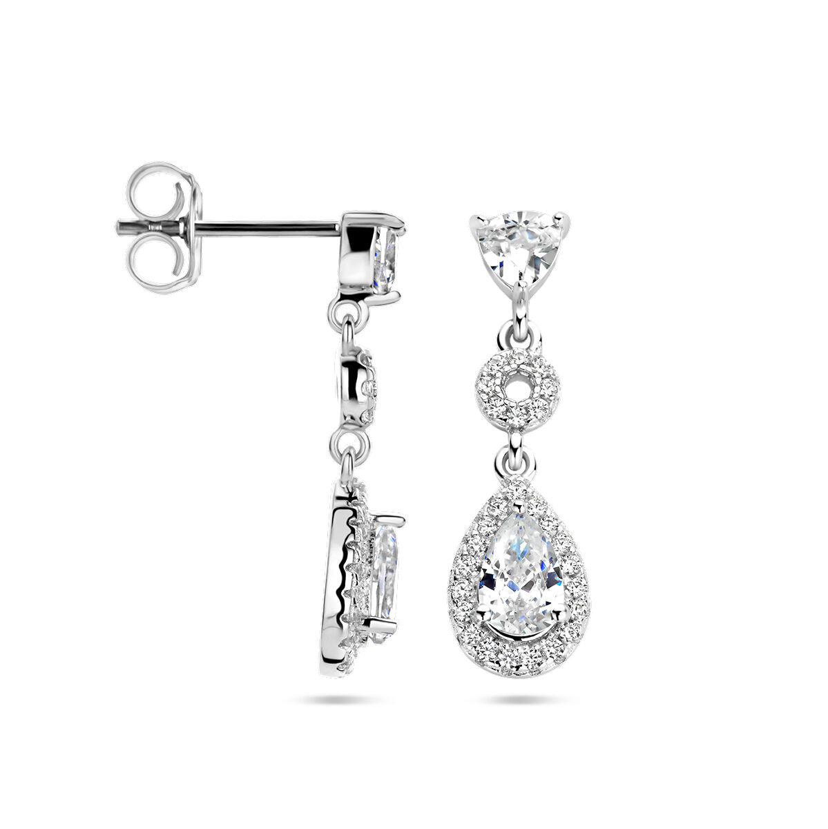 pendientes halo de circonita en plata rodiada