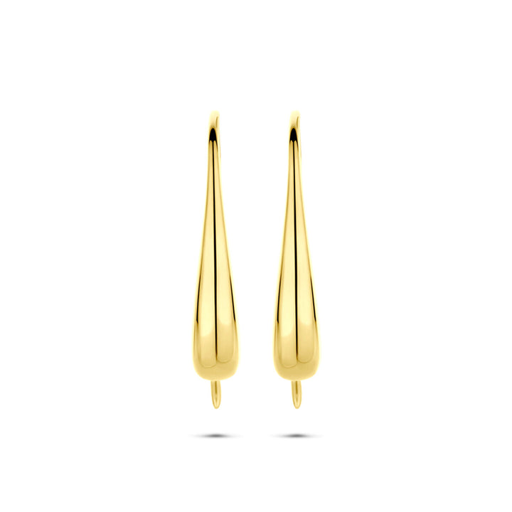 Paar langwerpige 21 mm 14K geelgouden oorbellen franse haak van Van der Kooij Collectie, met een gladde, gepolijste afwerking, rechtopstaand afgebeeld op een effen witte ondergrond.