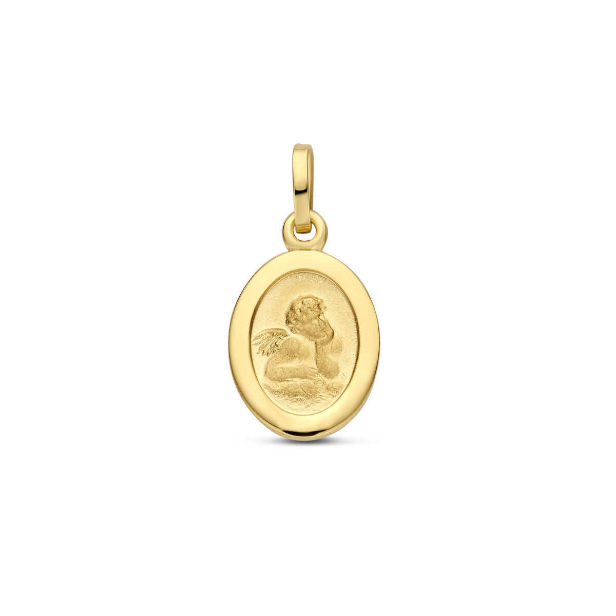 Colgante ovalado de ángel en oro amarillo de 14K con acabado pulido y mate, de 19 mm.