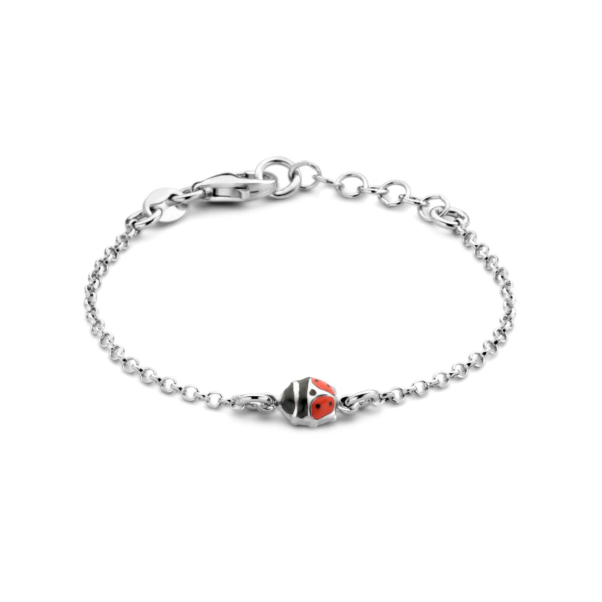 Pulsera de plata rodiada con un charm de mariquita en el centro, de 11 + 2 cm.