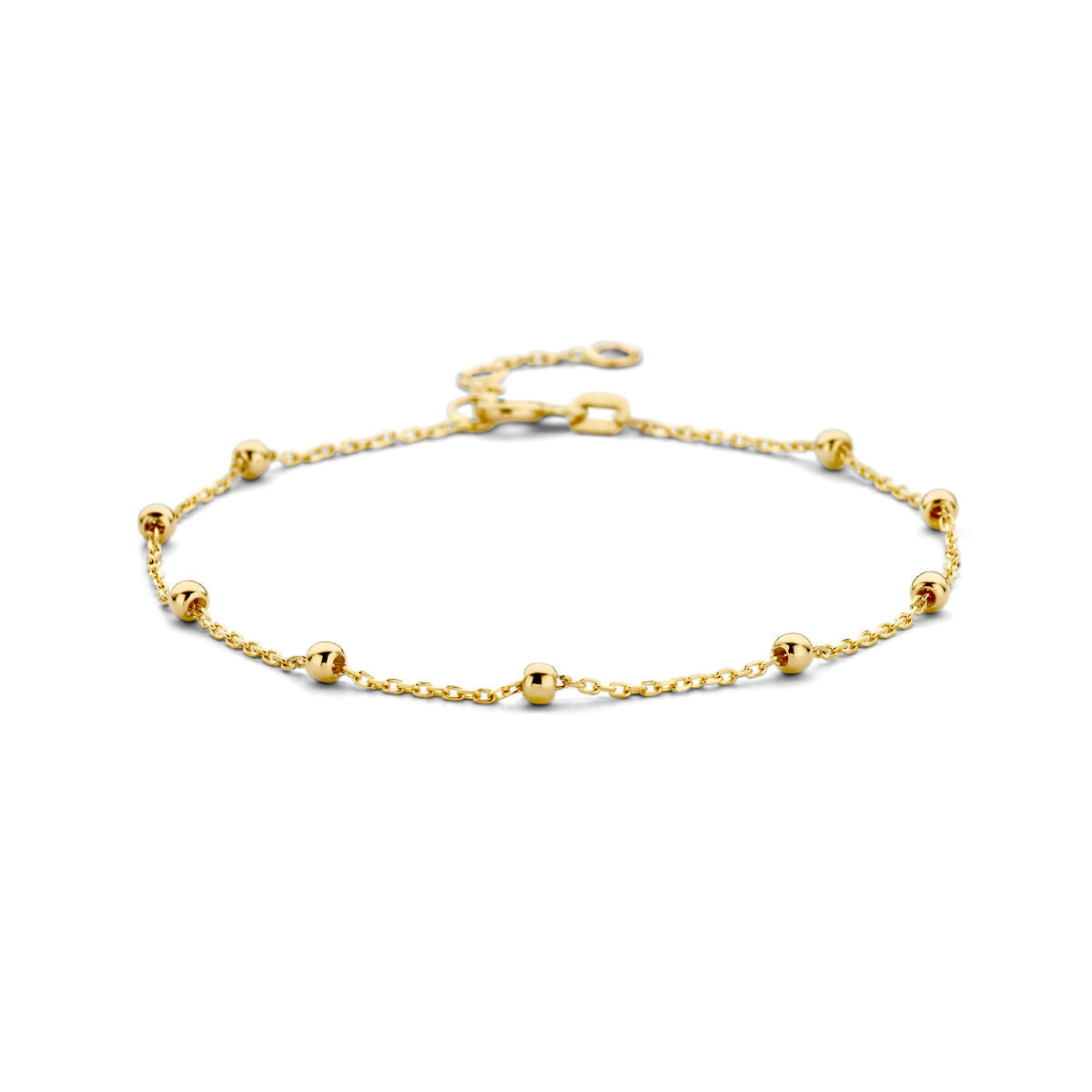 Pulsera de 14K en oro amarillo con bolitas de 2,5 mm distribuidas a lo largo de la cadena.