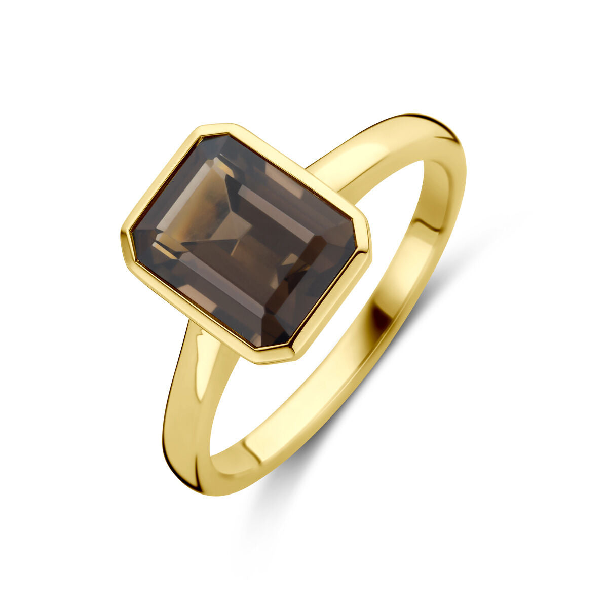 Anillo de cuarzo ahumado en oro amarillo de 14 quilates con forma rectangular.