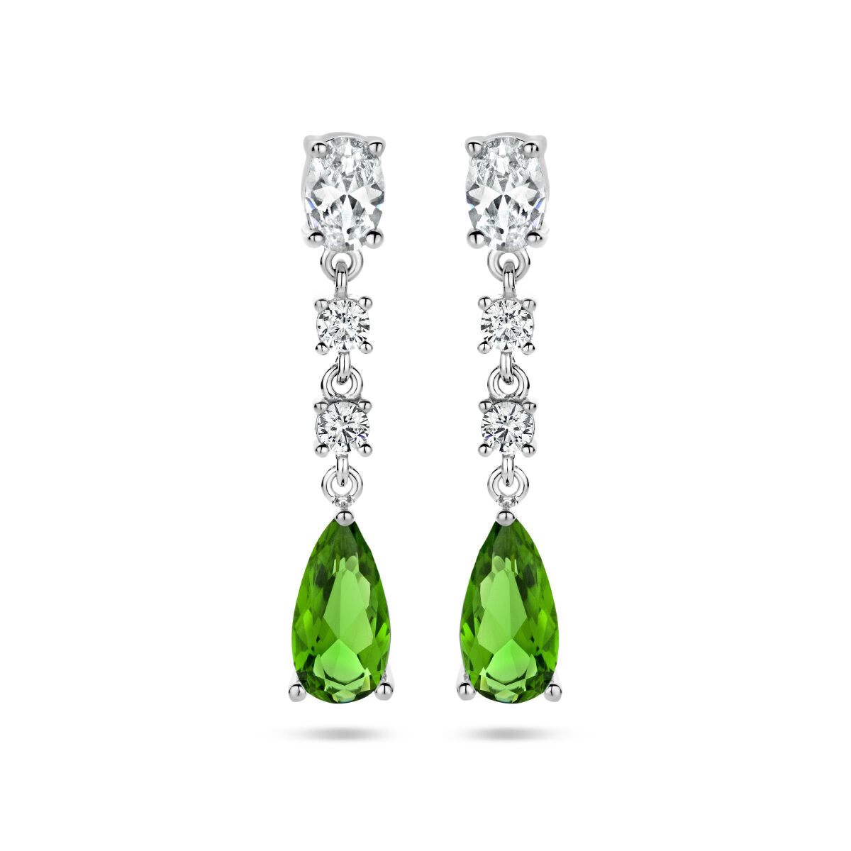 Pendientes largos de zirconia blanca y verde en plata rodiada con forma de gota.
