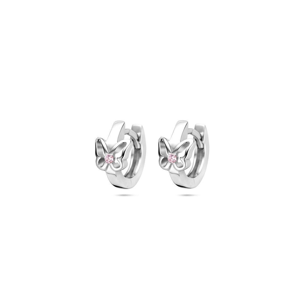 Pendientes de aro de plata rodiada con forma de mariposa y detalles en color rosa.