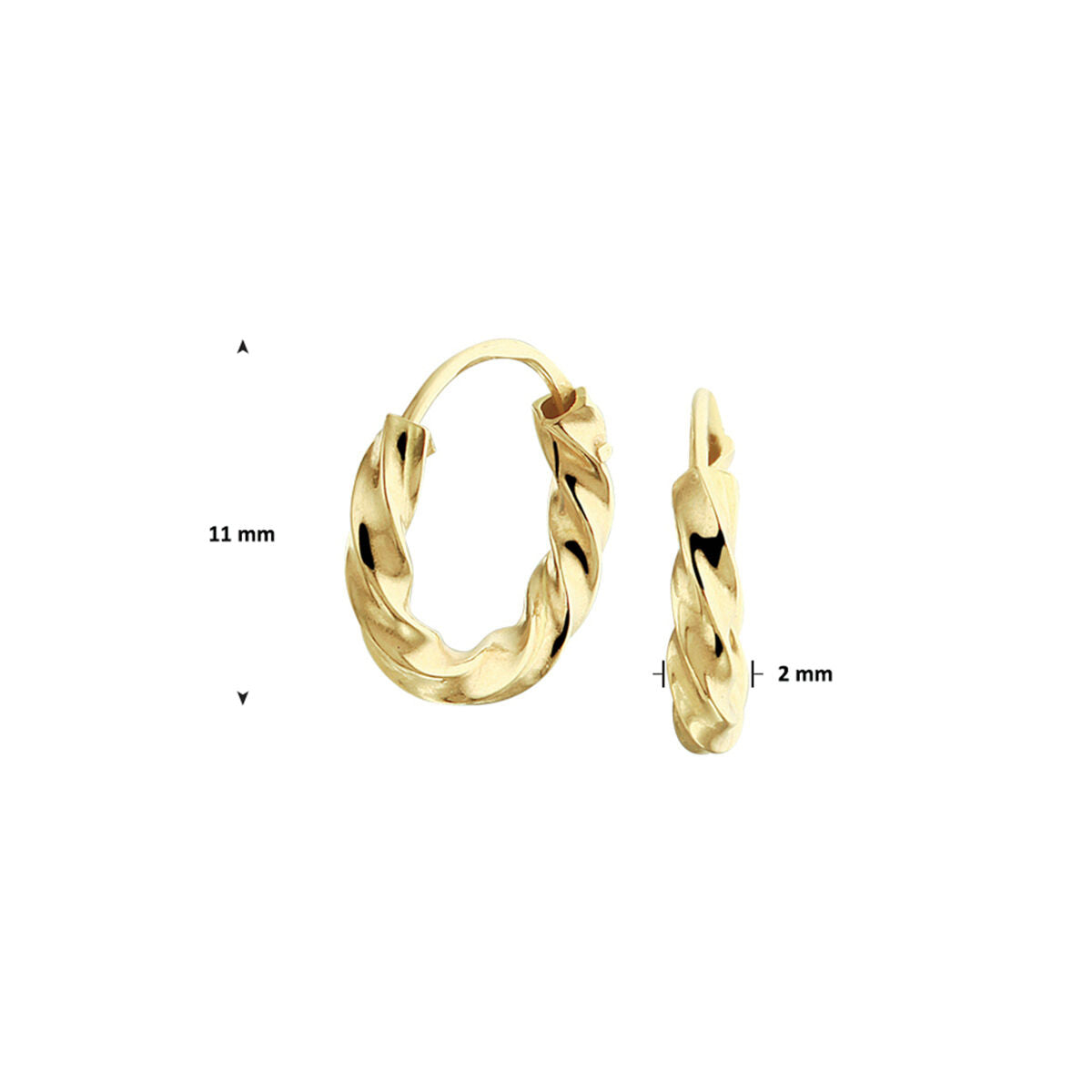 Oorringen gedraaide buis 14K geelgoud van Van der Kooij Collectie, 11 mm hoog en 2 mm breed, getoond van voren en opzij tegen een witte achtergrond met maataanduiding.