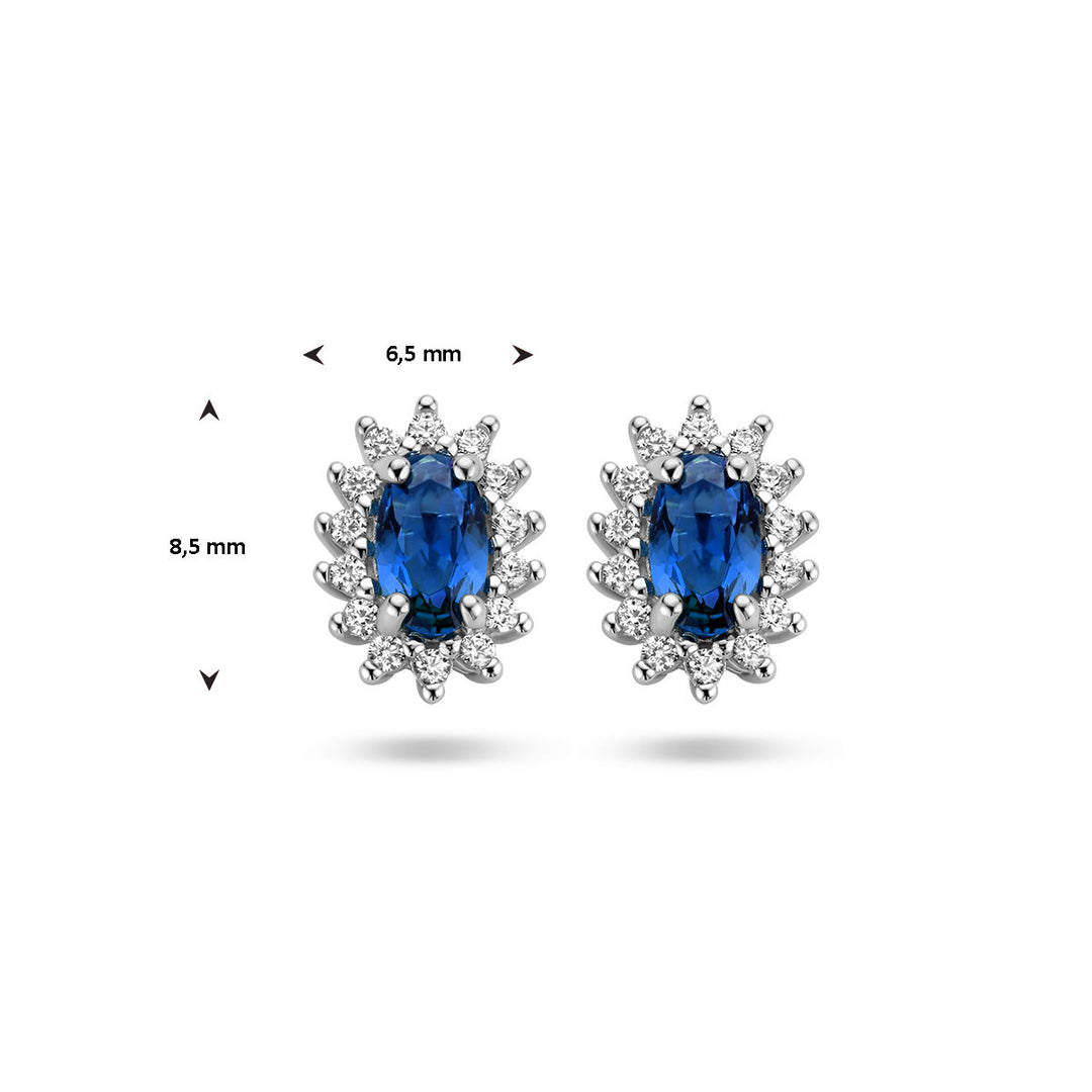 oorknoppen synth. saffier en zirkonia halo zilver gerhodineerd