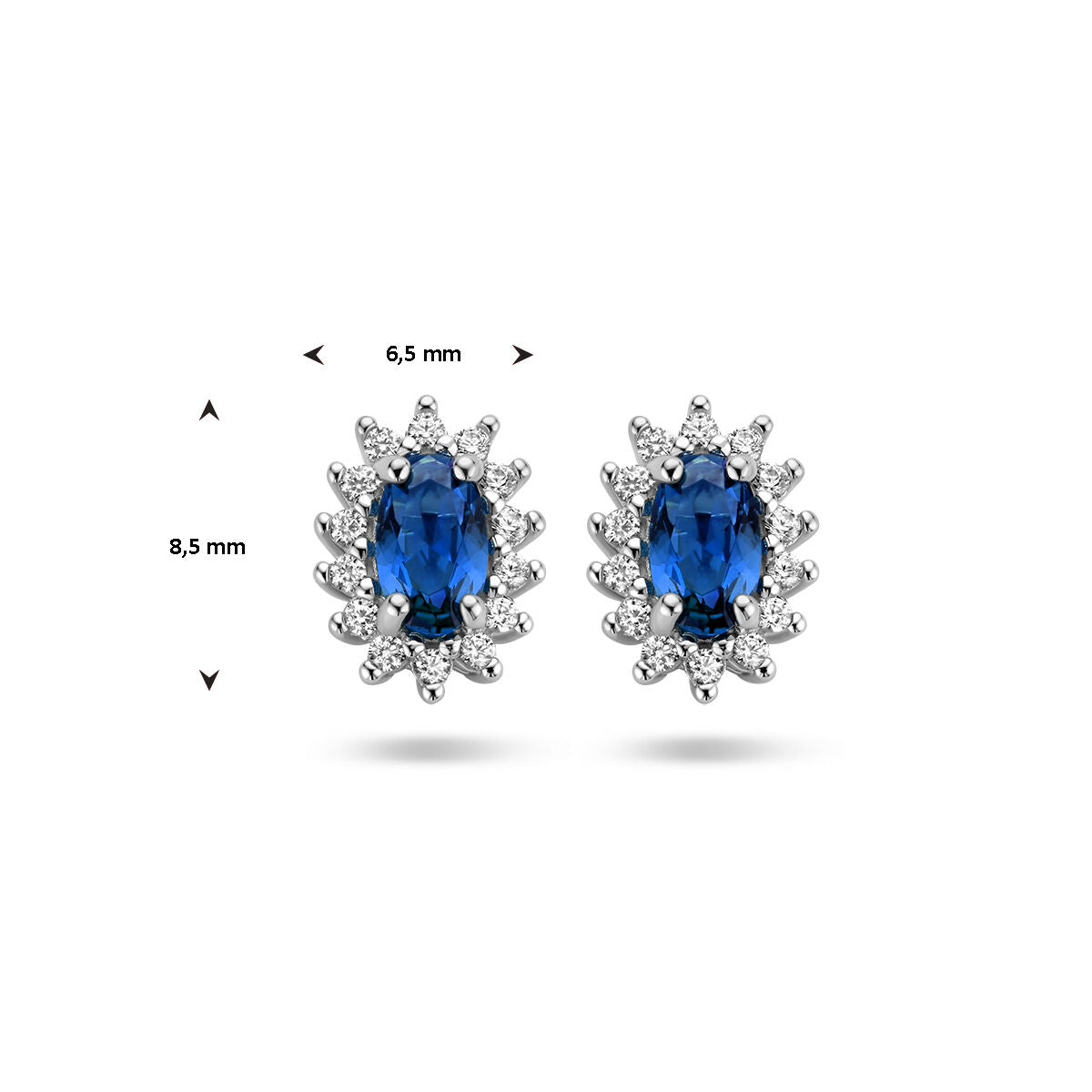 pendientes de botón sintético zafiro y zirconia halo plata rodiada