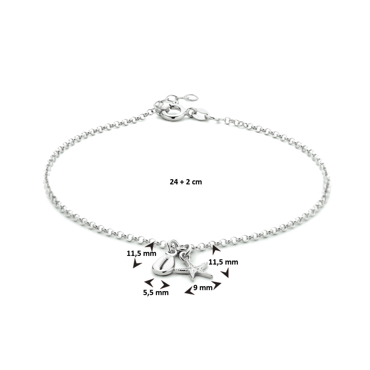 pulsera con concha y estrella de mar 24 + 2 cm plata rodiada