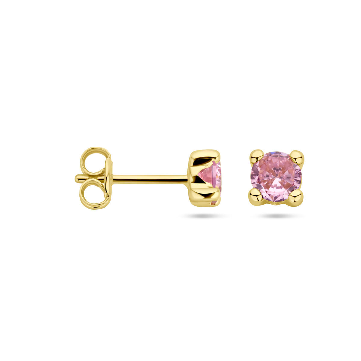 pendientes de botón de zircón rosa en oro amarillo de 14K