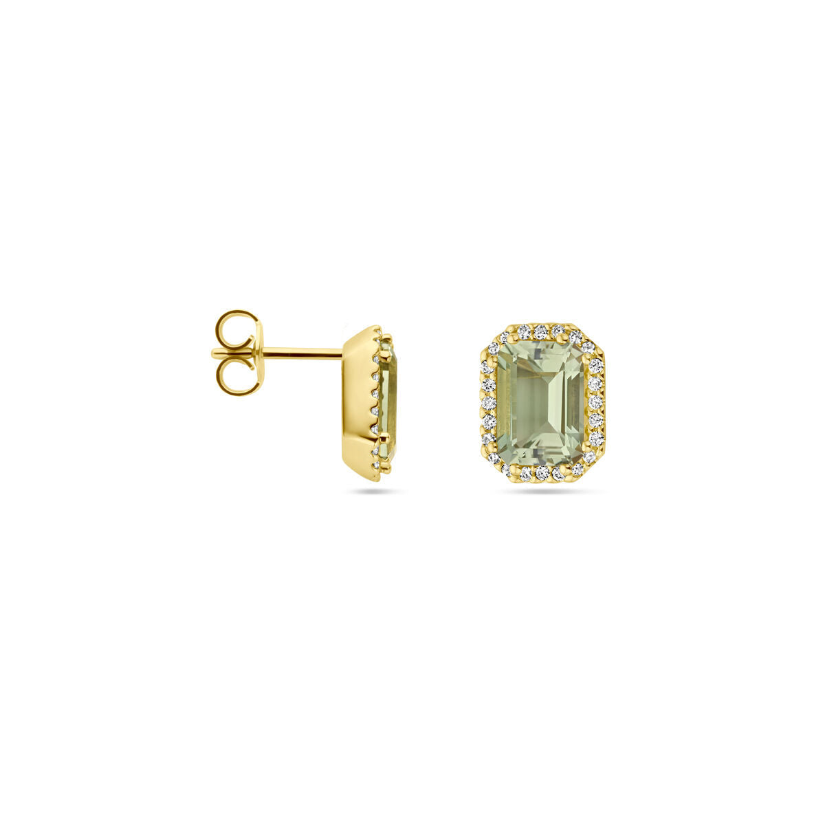 pendientes de botón verde amatista y diamante 0.14ct (2x 0.07ct) h si halo 18K oro amarillo
