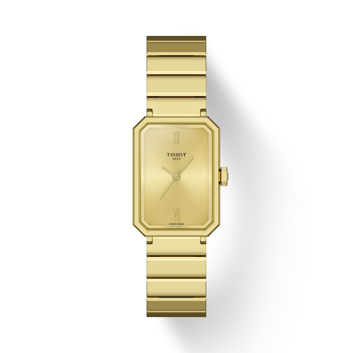 Reloj de dama Tissot de 30 mm, color dorado, con caja octagonal y correa de eslabones.