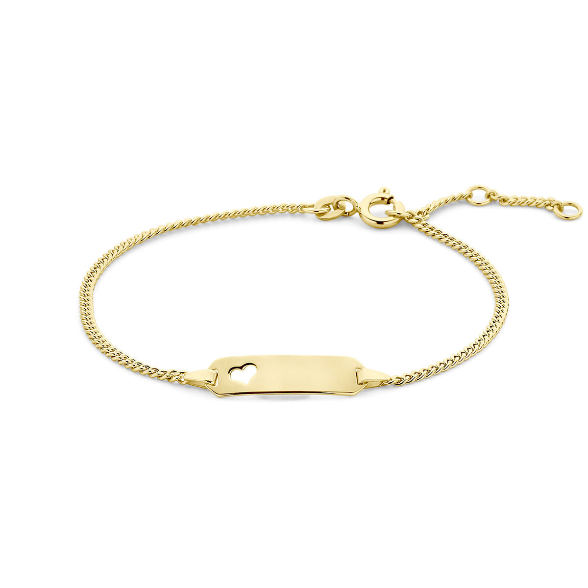 Pulsera de gourmette en oro amarillo de 14K con placa grabable y corazón.