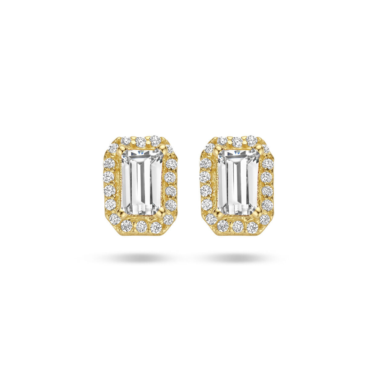 Pendientes de halo en oro amarillo de 14K con zircón en forma rectangular y detalles brillantes.