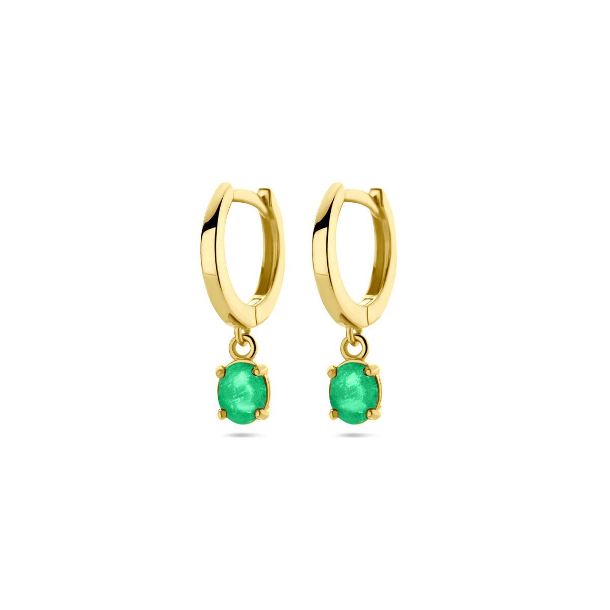 Pendientes de aro de 14K en oro amarillo con esmeraldas colgantes de 19 mm.